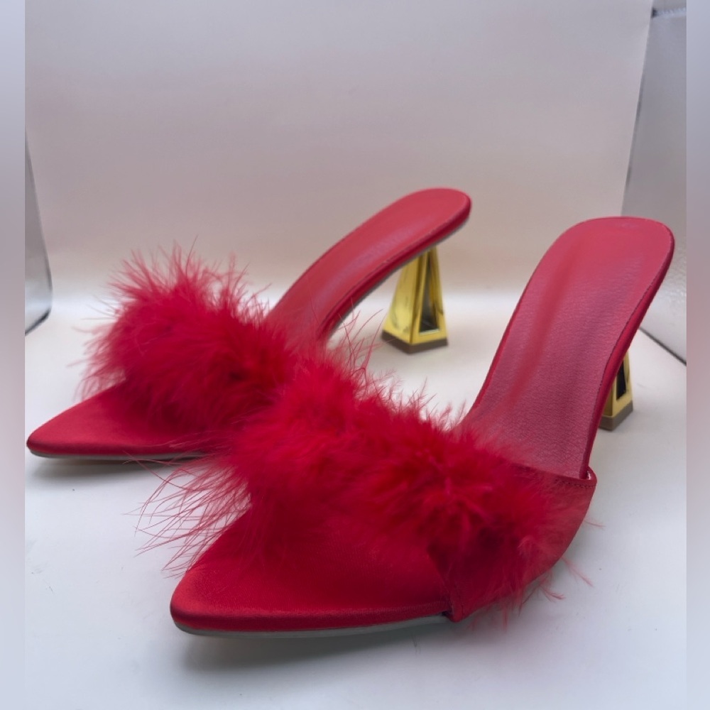Red Satin Feather Mule Heels • Gold Block Heel • EU 40 (US 9–9.5)